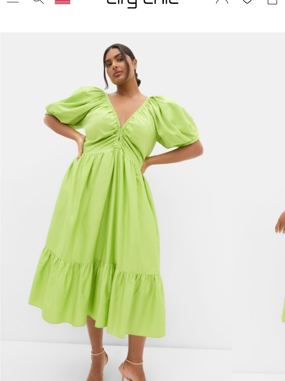 City Chic Bright Lime V-Neck Puff Sleeve Midi Dress